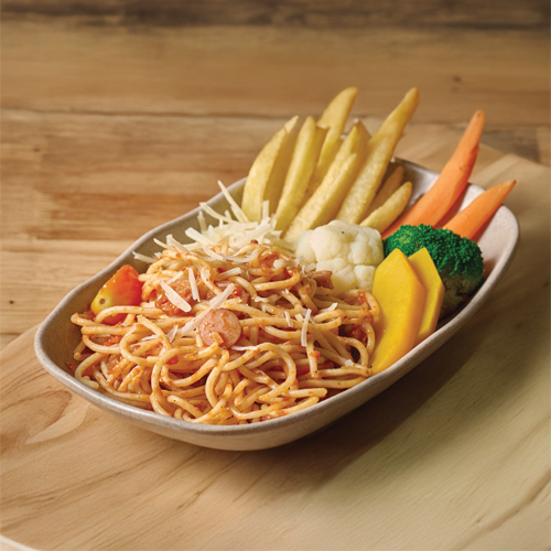 Spaghetti With Chicken Sausage, Served With French Fries And Boiled Vegetables